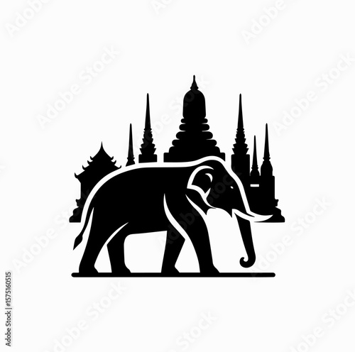 Minimalist Black Vector Logo of Thai Elephant in Front of Buddhist Temple (Wat) Isolated on White Background