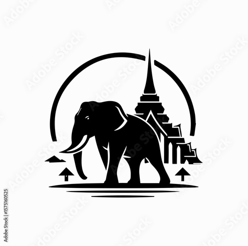 Minimalist Black Vector Logo of Thai Elephant in Front of Buddhist Temple (Wat) Isolated on White Background