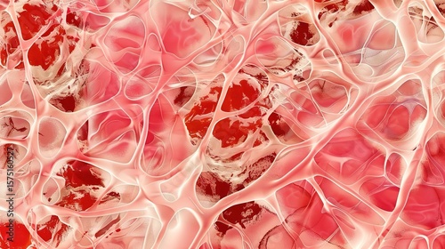 Microscopic view of connective tissue showing cells embedded in an extracellular matrix with fibers (collagen, elastic), highlighting its role in support, structure, and connection of body tissues
