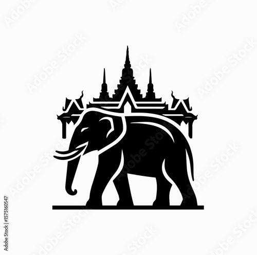 Minimalist Black Vector Logo of Thai Elephant in Front of Buddhist Temple (Wat) Isolated on White Background