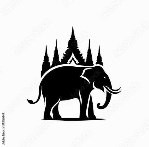 Minimalist Black Vector Logo of Thai Elephant in Front of Buddhist Temple (Wat) Isolated on White Background