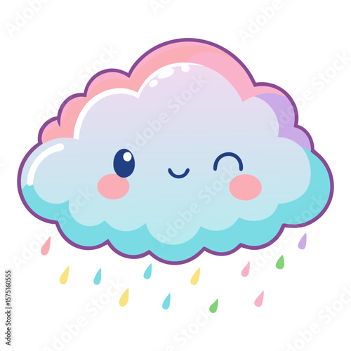 A charming and colorful cartoon illustration of a winking cloud with rosy cheeks, raining pastel rainbow raindrops.