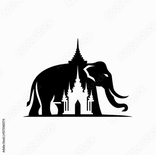 Minimalist Black Vector Logo of Thai Elephant in Front of Buddhist Temple (Wat) Isolated on White Background