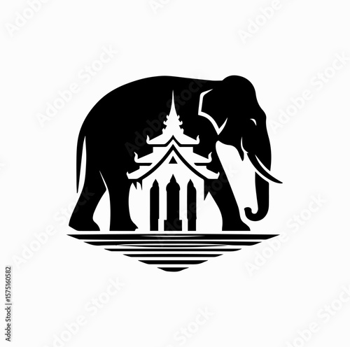Minimalist Black Vector Logo of Thai Elephant in Front of Buddhist Temple (Wat) Isolated on White Background