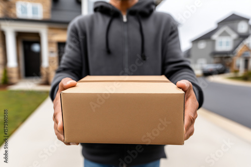 Wallpaper Mural Courier holding a cardboard parcel in a suburban neighborhood, representing delivery service, shipping, and e-commerce logistics Torontodigital.ca