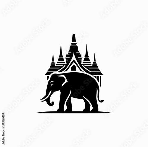 Minimalist Black Vector Logo of Thai Elephant in Front of Buddhist Temple (Wat) Isolated on White Background