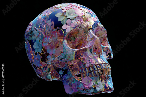 Intricate floral skull sculpture showcases vibrant hues against a dark background in modern artistic creation