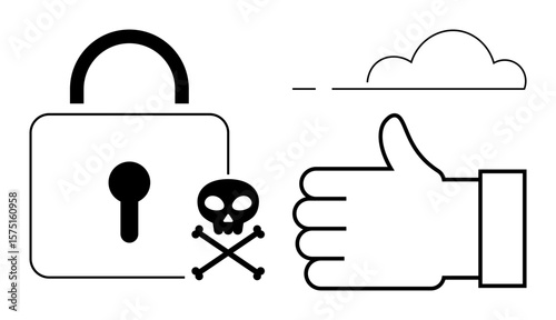 Lock with skull and crossbones beside a thumbs-up gesture under a simplistic cloud. Ideal for cybersecurity, security risks, data protection, online threats, privacy, reliability, simple landing page
