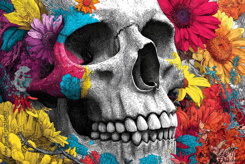 Colorful skull surrounded by vibrant flowers in an artistic display of life and death