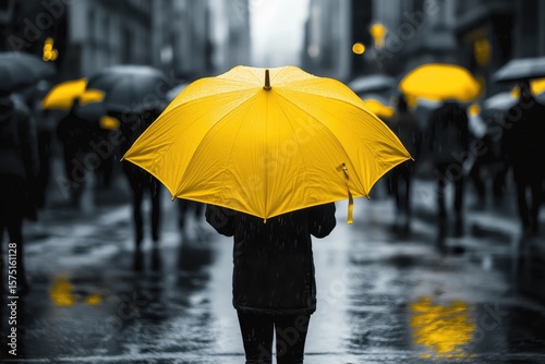 Person with a yellow umbrella stands in rain, grayscale city background. Image symbolizes resilience or standing out, hope on a gloomy day.