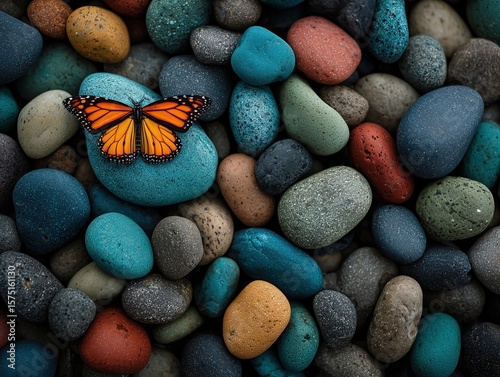 Colorful Arrangement of Blue, Green, and Black Pebbles with an Orange Butterfly Perched on Top, Suitable for Mobile Phone Wallpaper.