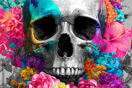 Colorful floral arrangement surrounding an intricate skull illustration on a light background