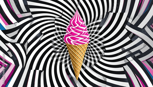 Psychedelic pink ice cream cone on hypnotic black and white swirling background, blending retro and pop surrealism.