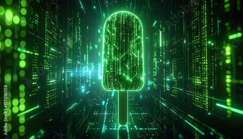 Futuristic glowing green popsicle rendered in matrix-style digital cyber environment with neon data lines.