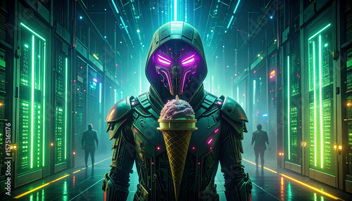 Cyberpunk armored figure holding pink ice cream cone in neon-lit server room, blending tech and humor.