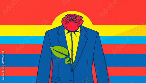 Bold pop art illustration of a man in a blue suit with a red rose head on a colorful striped background in retro comic style.