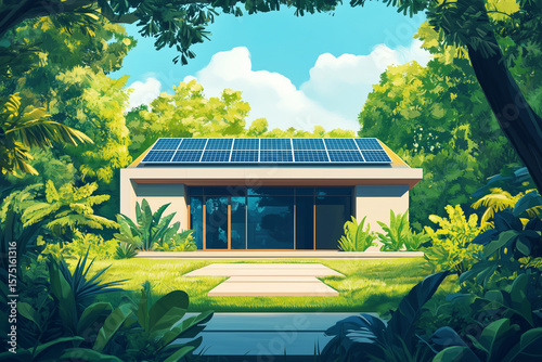 Eco Friendly house with solar panels surrounded by lush greenery symbolizing sustainability, energy efficiency. Modern sustainable architecture.