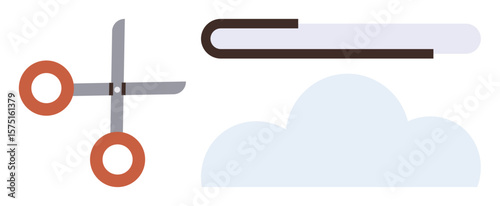 Scissors cutting paper strip near a cloud symbolize editing, management, and data handling. Ideal for digital tools, content creation, cloud storage, organization, productivity, technology simple