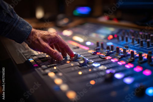 Music producer adjusting audio levels on a sound mixing console in a modern studio at night