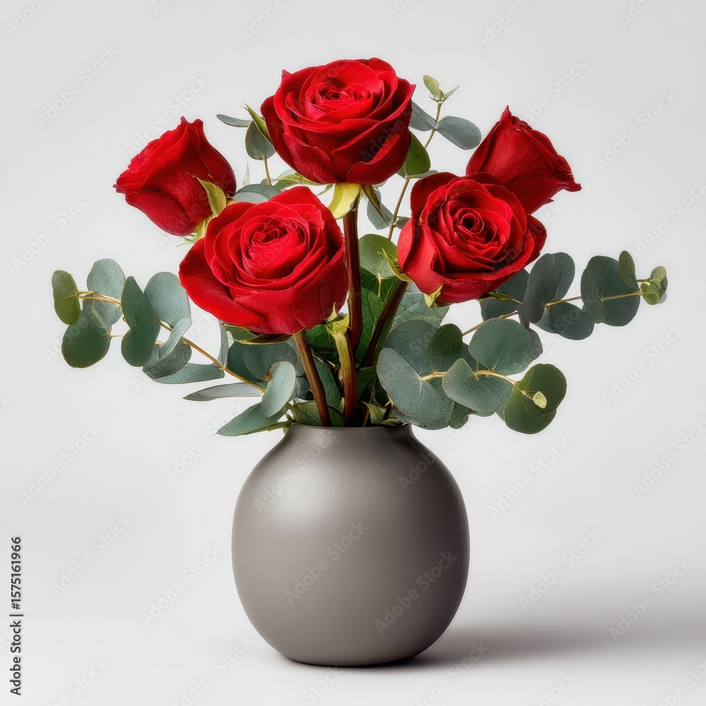 Fototapeta premium Roses and eucalyptus in a vase on a plain background isolated on white background.