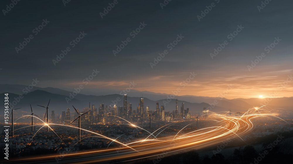 Fototapeta premium Sunrise Cityscape: A futuristic city at sunrise, with wind turbines and light trails on roads. The cityscape is nestled in a valley with mountains.