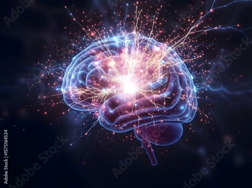 bstract visualization of a creative burst within a brain's neural network
