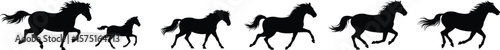 Running Horse Silhouettes, Dynamic Equestrian Animals in Motion