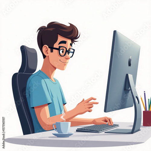 Cartoon illustration of a young man working on a computer, enjoying a cup of coffee at his desk.