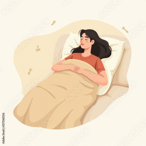 A woman is lying in bed, appearing tired and resting, with bones floating.