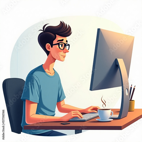 Young man focused on computer work, enjoying a coffee break at his desk.