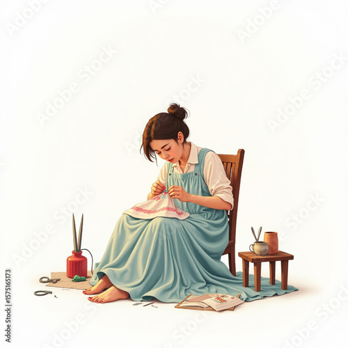 A young woman sits serenely, engrossed in needlepoint, her flowing dress and calm demeanor creating a peaceful scene.