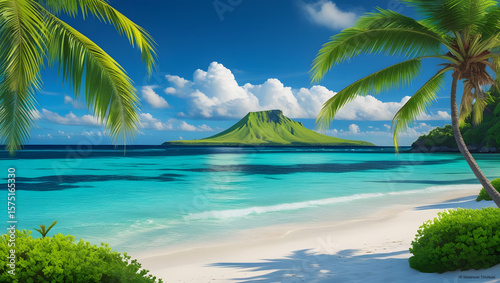 A vibrant tropical paradise scene. Lush green palm fronds frame the composition from the left and right