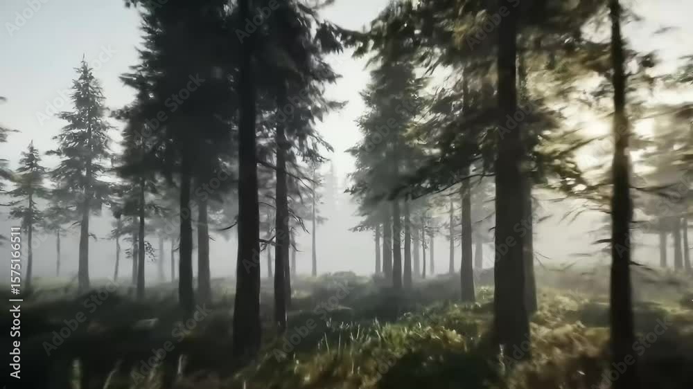 Misty forest scene showcases tall, thin trees standing among lush green ground cover under soft light