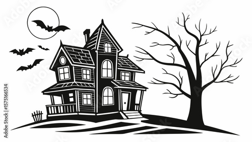 Haunted house vector illustration for halloween spooky night scene with bats and tree silhouette design art