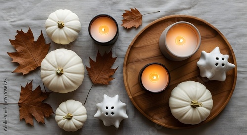 Flatlay of Neutral Halloween Decor with Pumpkins and Candles