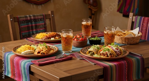 An inviting spread of classic mexican dishes arranged on a rustic wooden table for a festive