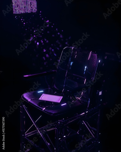 Empty director's chair with purple lighting in a dark setting  