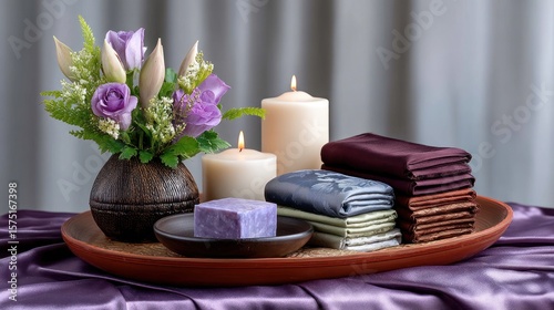 Purple and beige flowers, candles, soap, and fabrics on a tray