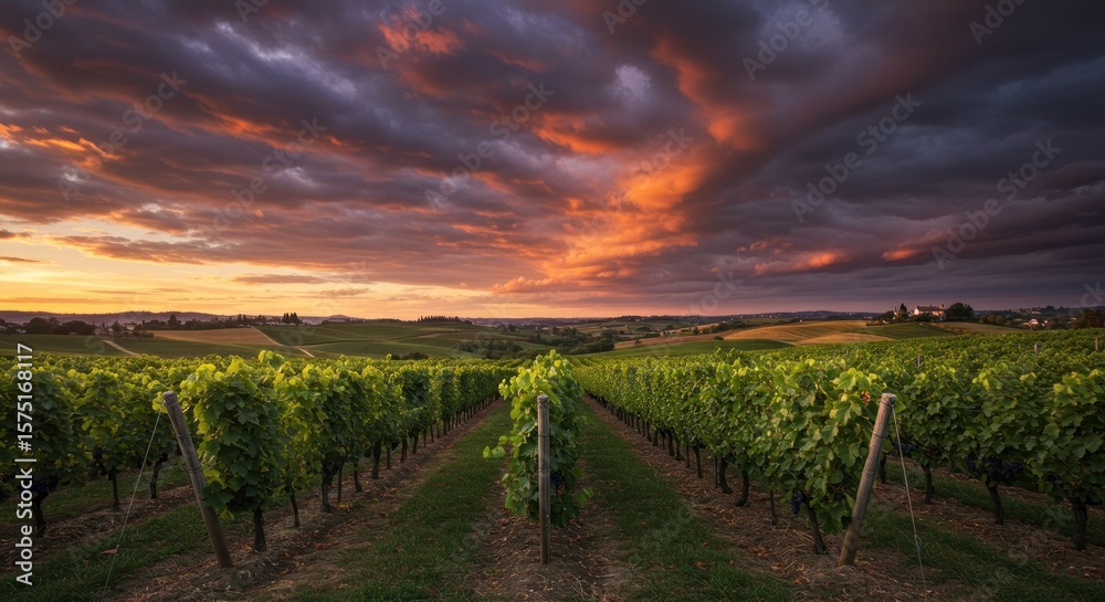 Obraz premium Dramatic sunset over endless vineyard rows showcasing nature's beauty and agriculture