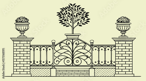 Elegant Garden Tree and Balustrade Illustration – Classic Ornamental Design