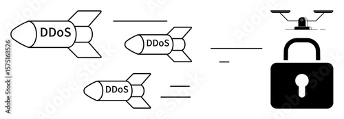 Missiles labeled DDoS moving toward padlock symbolizing cyber threat, network security, online defense, and hacking prevention. Ideal for cybersecurity, IT threat, data protection metaphor