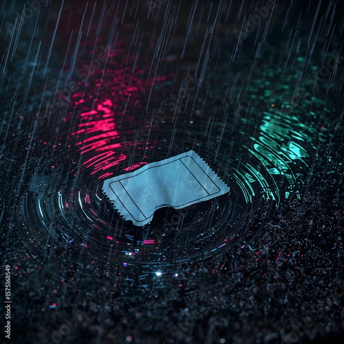 Torn movie ticket stub floating in rain puddle with colorful reflections  