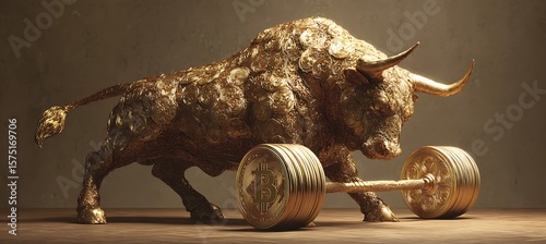 A powerful bull lifting golden coin weights amidst a storm of financial market volatility