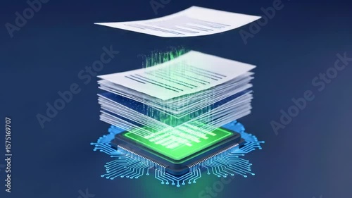 Digital transformation of documents being processed by a computer chip, showcasing innovation in technology
