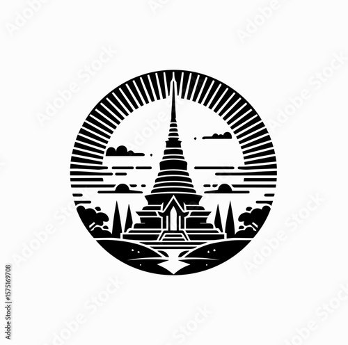 Minimalist Black Vector Logo of Thai Pagoda with Rising Sun Isolated on White Background