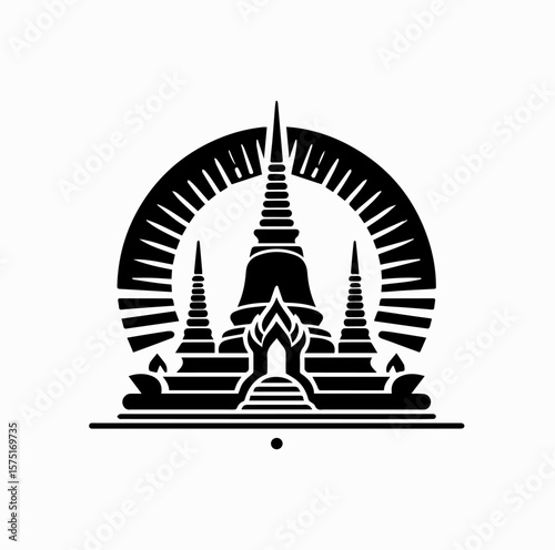 Minimalist Black Vector Logo of Thai Pagoda with Rising Sun Isolated on White Background