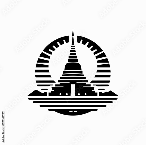 Minimalist Black Vector Logo of Thai Pagoda with Rising Sun Isolated on White Background
