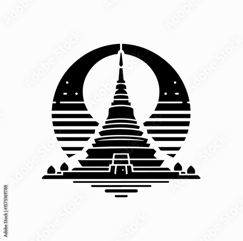 Minimalist Black Vector Logo of Thai Pagoda with Rising Sun Isolated on White Background