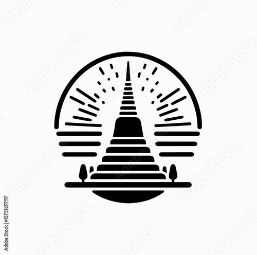 Minimalist Black Vector Logo of Thai Pagoda with Rising Sun Isolated on White Background