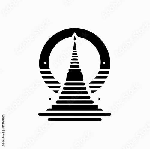 Minimalist Black Vector Logo of Thai Pagoda with Rising Sun Isolated on White Background